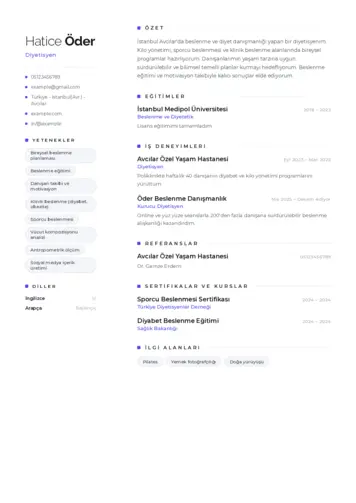Beslenme Uzmanı Diyetisyen CV Örnekleri cv indir